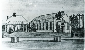 Sketch of the first Invercargill church, built by Aimé Martin in 1864