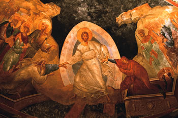 This fresco is in the 11th century Church of the Holy Saviour in Chora, Istanbul. Christ is pictured saving Adam and Eve by dragging them from their coffins. Note that the Saviour pulls Adam and Eve by their wrists, a symbol of their inability to do anything for themselves – the work of saving is Christ’s alone. Behind Adam stand John the Baptist, David and Solomon.