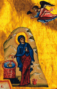 Mary at the well: an Annunciation scene from a Byzantine 12th century illuminated manuscript Bibliothèque Nationale de France
