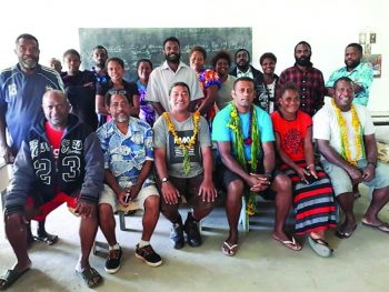 Fr Epokifo’ou, front centre; Fr Eneriko, right of Epokifo’ou; and Fr Louis, far right; with Teachers and Parishioners in Tanna