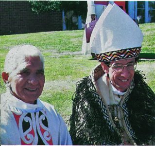 Pā Wiremu Te Awhitu SM, the first Māori Catholic priest, with Bishop Max Takuira Mariu SM, the first Māori Catholic bishop